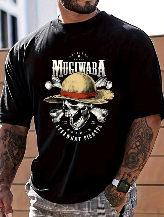 Chapeau de paille mode homme, t-shirt imprimé crâne