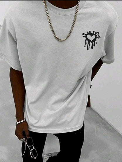 T-shirt décontracté d'été pour hommes à col rond à imprimé cœur et manches courtes