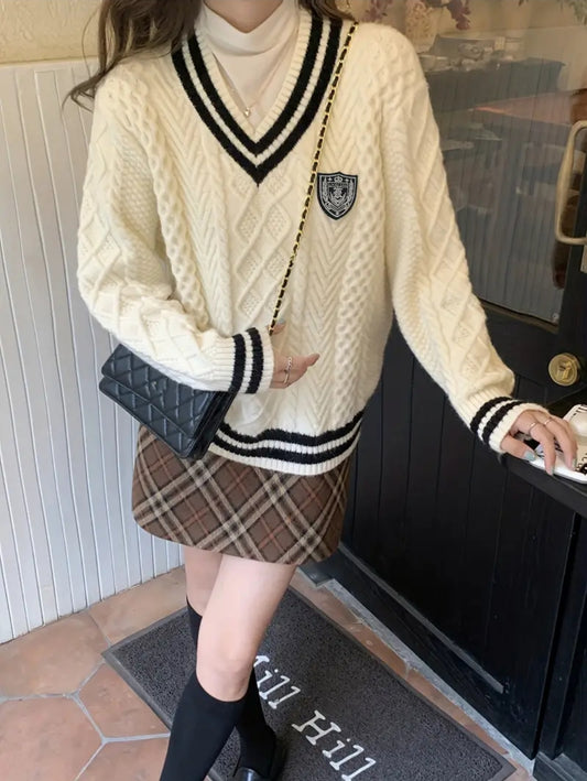 Pull à Col en V d'Inspiration Vintage pour Femme - Mélange Acrylique Confortable, Pull à Manches Longues avec Motif Diamant