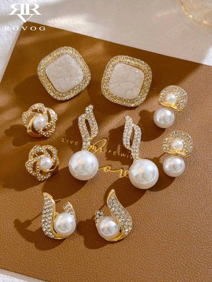 5 paires de boucles d'oreilles exquises avec design de perle fausse, motif de glace fissurée, moulin à vent, fleur et flamme