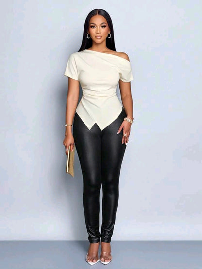 SOLERSUN Top T-Shirt à encolure asymétrique élégant et drapé pour femmes