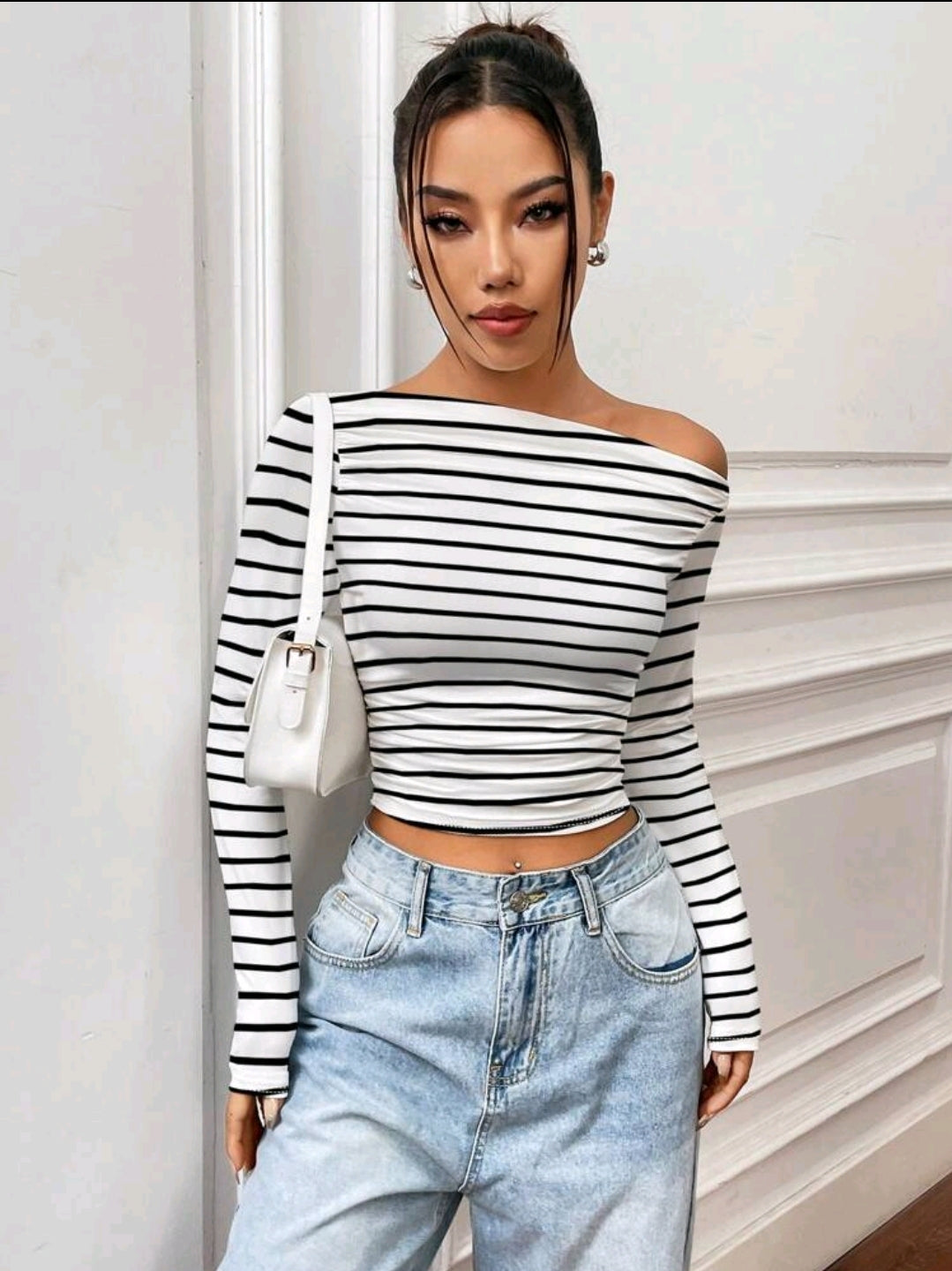 Flirla T-shirt À Manches Longues Slim Plissé Encolure Asymétrique Couleur Unie, Adapté Pour Les Loisirs De Printemps