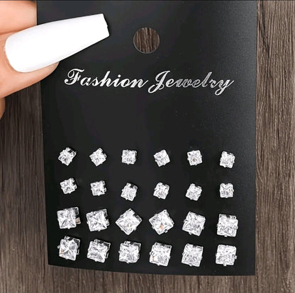 48 pièces/set Boucles d'oreilles à tige rondes et carrées en CZ pour femmes, design élégant et simple, cadeau de mode polyvalent et décontracté