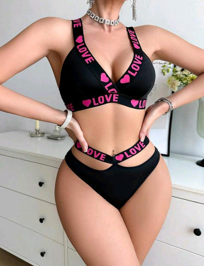 Ensemble de soutien-gorge de sport et culotte pour femme, soutien-gorge sans fil avec motif élastique à cœur et lettres