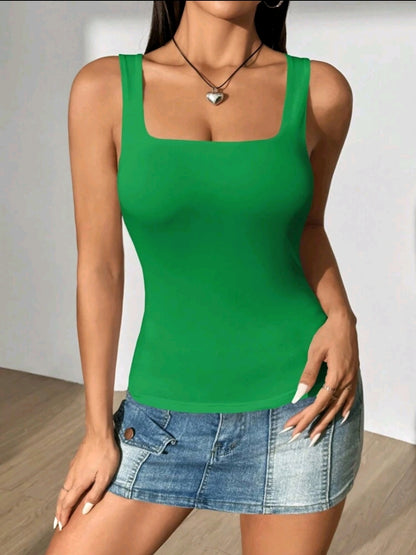 Flirla Top moulant décontracté d'été pour femmes, col carré, couleur unie