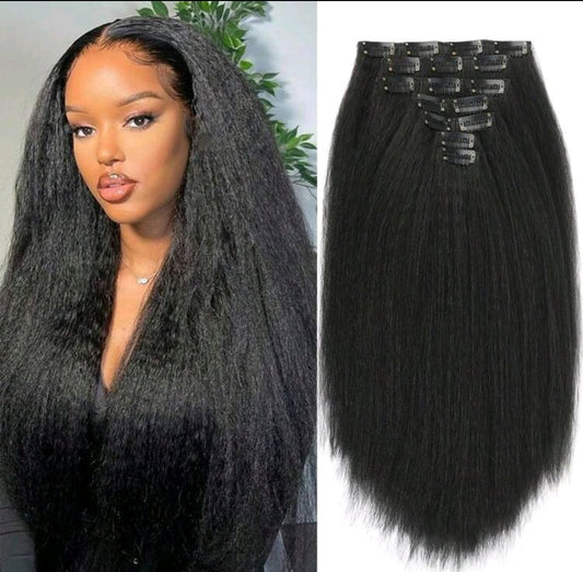 Extensions de cheveux raides kinky noirs en clips pour la tête complète, extensions synthétiques raides yaki en clips pour 7 pièces 25 inch