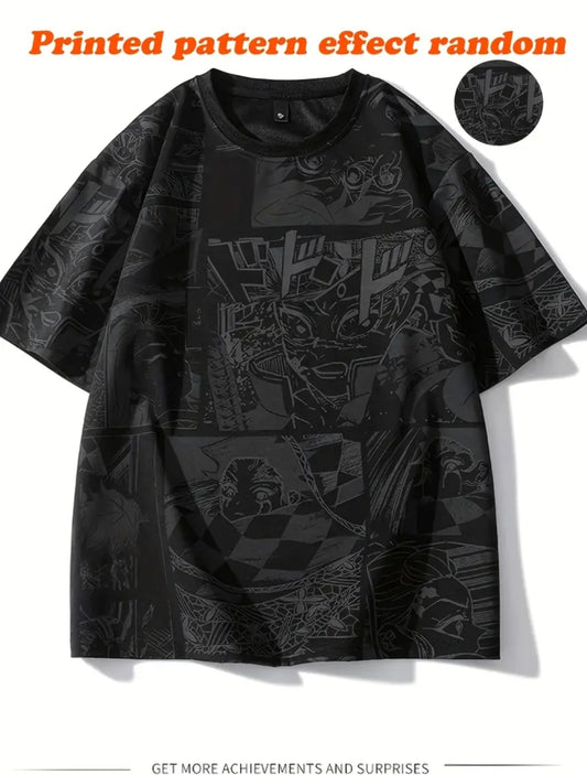 T-Shirt Homme à Imprimé Anime - Tee-shirt Noir Décontracté à Manches Courtes avec Art Manga Japonais