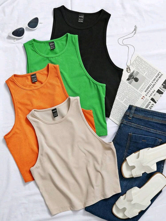 Chiquease Débardeur casual polyvalent à col rond de couleur unie pour femmes