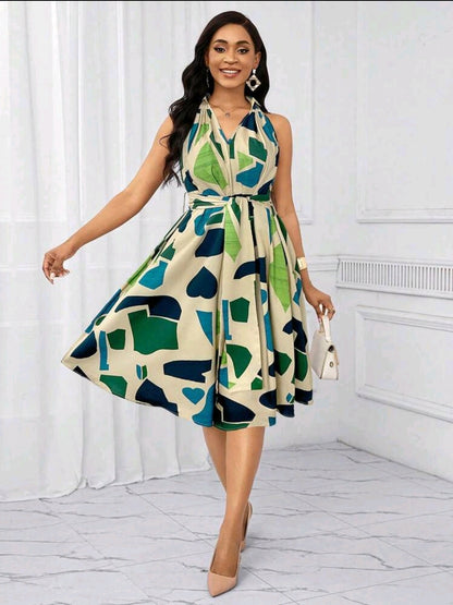 Robes de vacances Robe avec ceinture à nœud et imprimé géométrique pour femmes