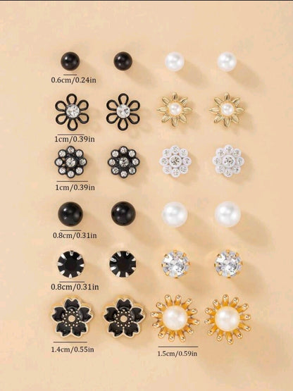 1 set de 12 paires de boucles d'oreilles à fleurs strass et perles fausses, pour femmes. Convient pour un port quotidien et comme cadeau pour la Saint-Valentin