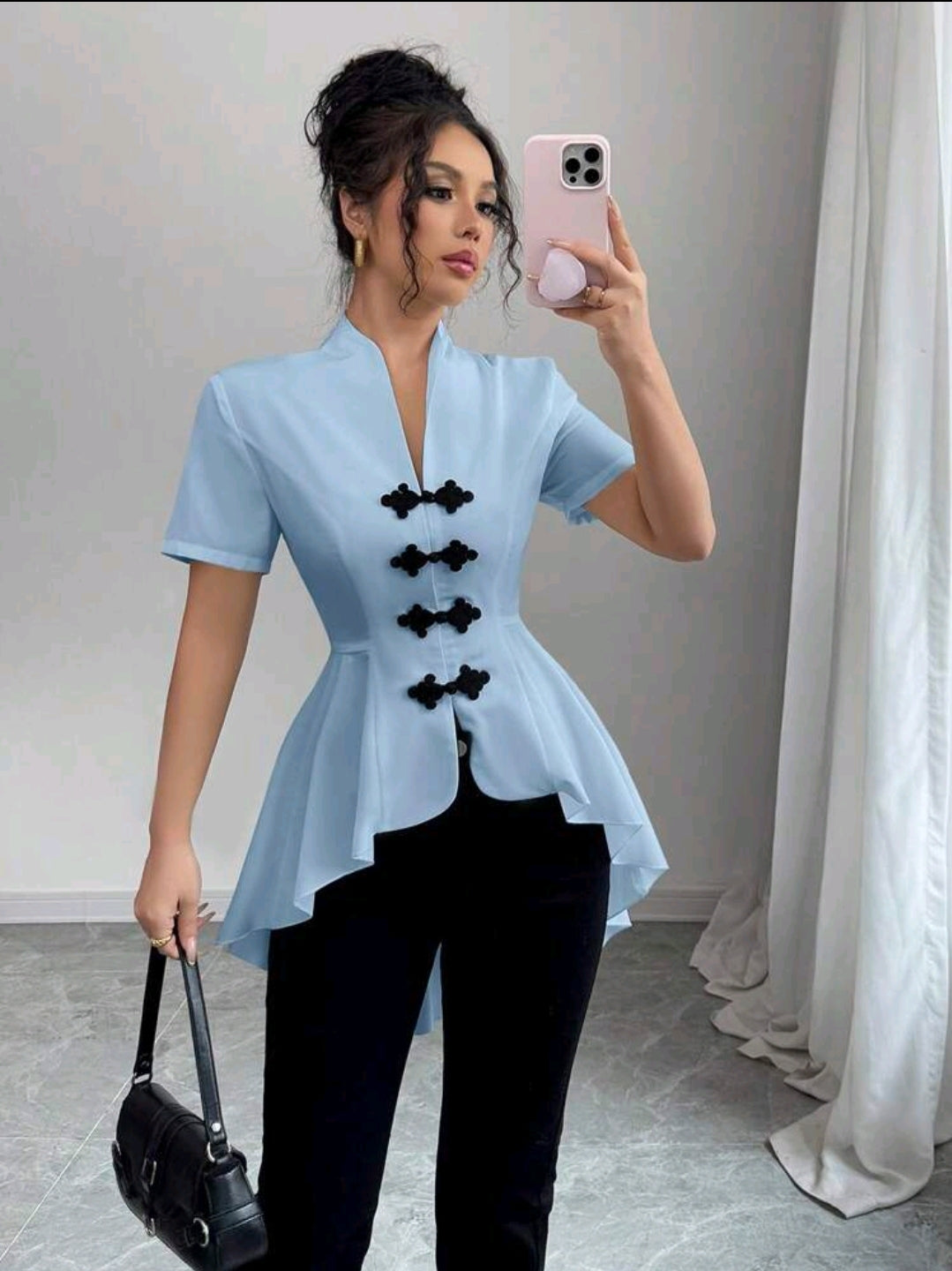 Elenzga Chemise décontractée 2024 pour femmes à boutons devant, décoration et ourlet asymétrique