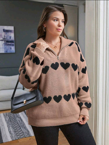 Femme grande taille Tricot Henley ample à manches longues à épaules tombantes avec motif cœur