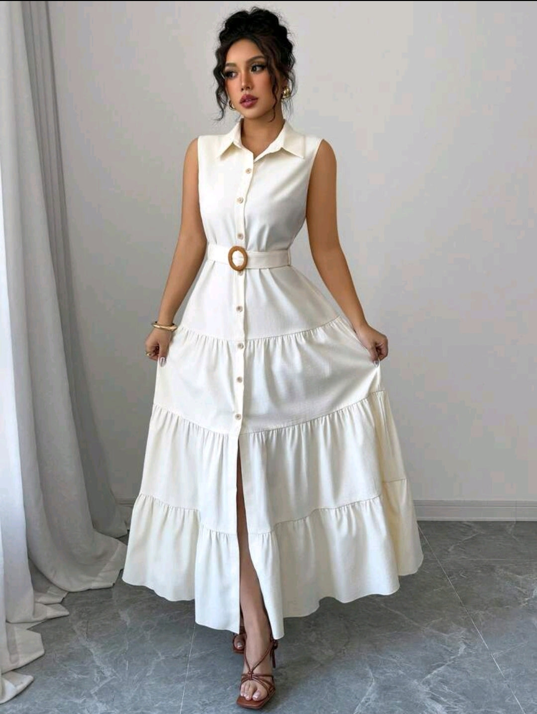 Elenzga Robe longue pour femmes avec col, boutons et ceinture