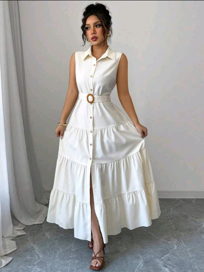 Elenzga Robe longue pour femmes avec col, boutons et ceinture