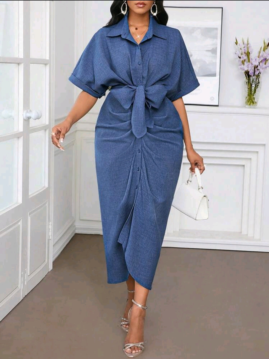 Robe de bureau, robe de vacances, robe chemise à volants bleue unie effet denim pour femmes
