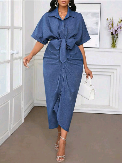 Robe de bureau, robe de vacances, robe chemise à volants bleue unie effet denim pour femmes