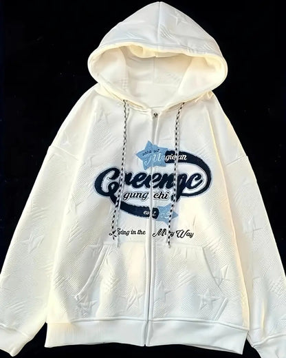 Sweat à Capuche Brodé Blanc pour Femme - Motif Montagne et Lettres, Coupe Décontractée Légère pour Printemps/Automne