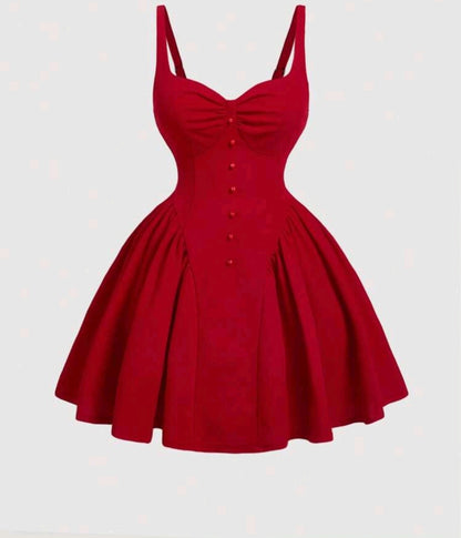 Robe rouge à manches courtes pour femmes avec décorations plissées