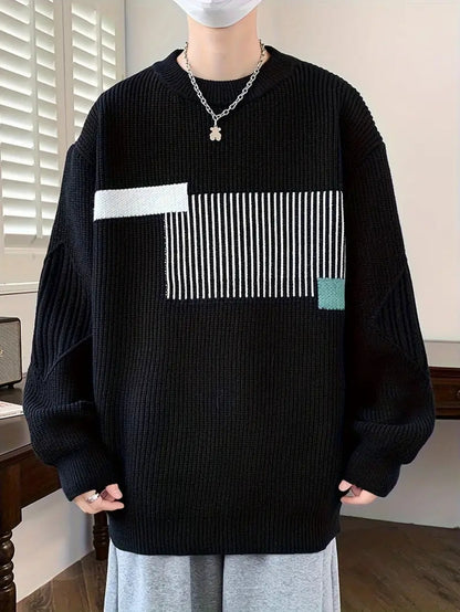 Pull Tricoté à Rayures et Blocs de Couleur pour Homme, Pull Décontracté à Manches Longues