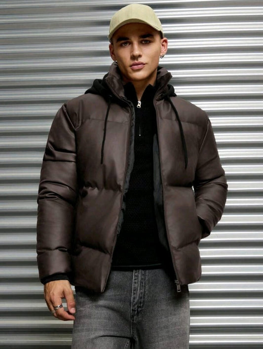 Sweat-shirt à capuche matelassé à doublure thermique en tissu PU de base pour homme, coupe slim