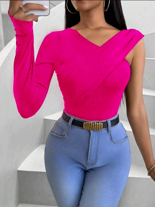 VaVaBold T-shirt Décontracté Printemps Ajusté Slim Col Asymétrique
