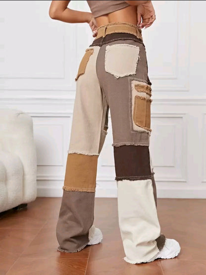 Jean à imprimé patchwork effiloché