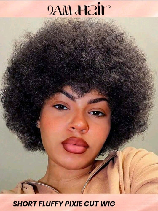 Perruque courte en cheveux humains à la coupe pixie bouclée afro kinky avec frange bon marché, perruque bouclée Jerry douce et moelleuse