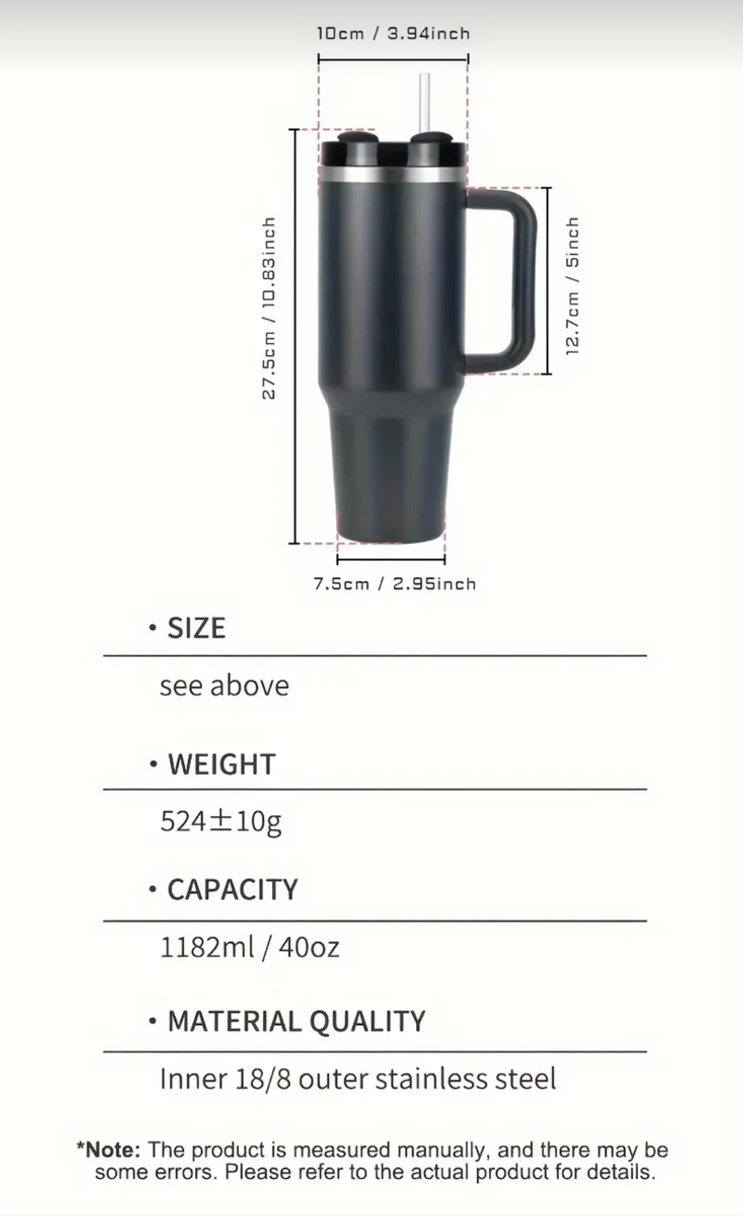 1pc Watersy 40oz Gobelet Isolé en Acier Inoxydable avec Poignée, Paille et Couvercle