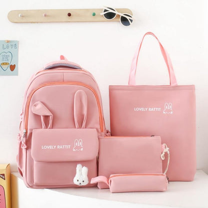 Ensemble de quatre sacs à dos pour femmes, cartable d'étudiant avec oreilles de lapin, sac à dos de protection de la colonne vertébrale de grande capacité