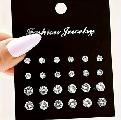 48 pièces/set Boucles d'oreilles à tige rondes et carrées en CZ pour femmes, design élégant et simple, cadeau de mode polyvalent et décontracté