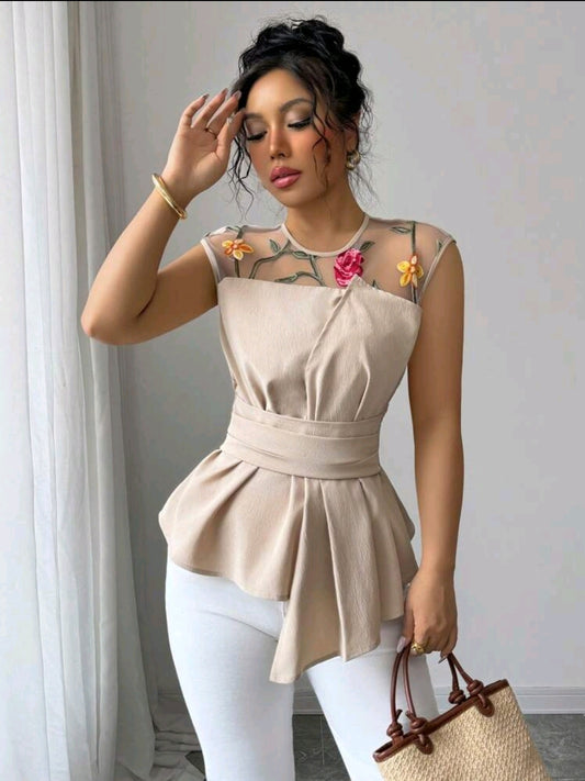 Elenzga Blouse femme à encolure ras du cou, sans manches, texture froissée, taille resserrée, avec broderie en maille