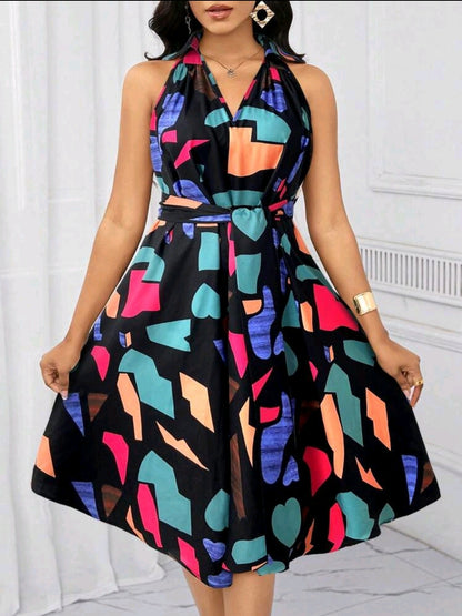 Robes de vacances Robe avec ceinture à nœud et imprimé géométrique pour femmes, pour l'été