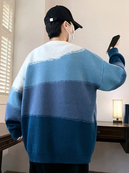 Pullover tricoté dégradé pour homme, pull décontracté à manches longues et col rond pour l'automne et l'hiver