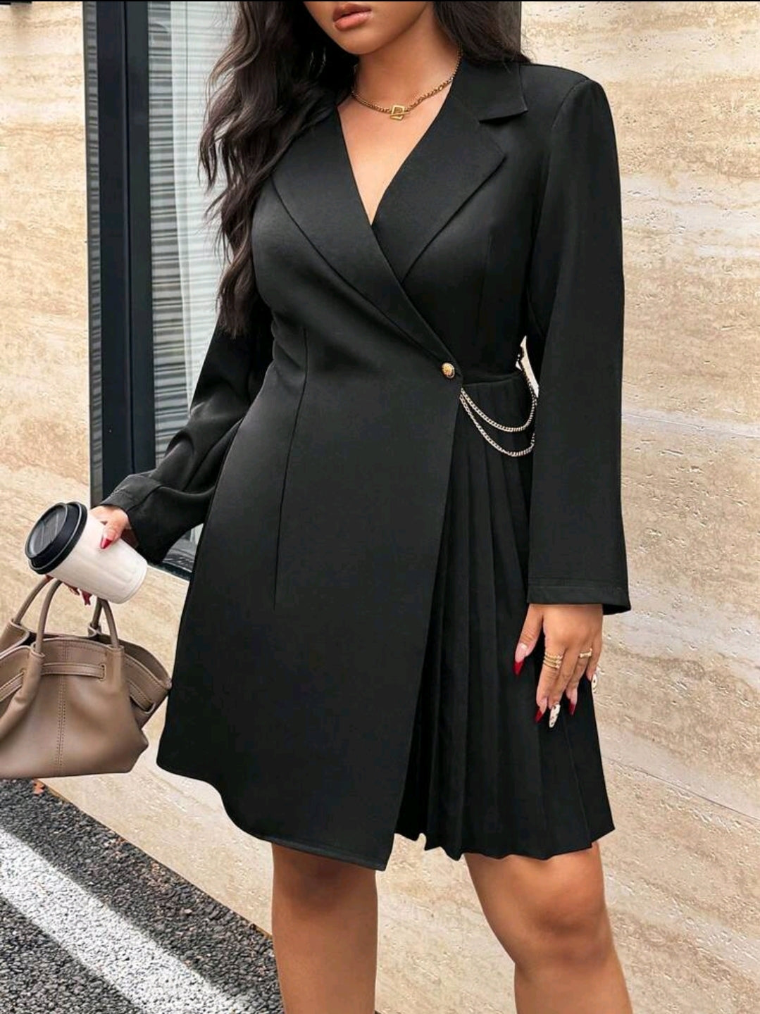 Celure Robe élégante à col polo, manches longues, unicolore, ourlet plissé, taille grande, automne