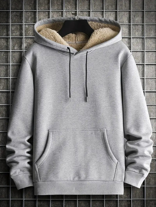 Sweat à Capuche en Tricot Gris pour Homme avec Bordure en Fausse Fourrure