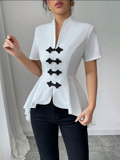 Elenzga Chemise décontractée 2024 pour femmes à boutons devant, décoration et ourlet asymétrique