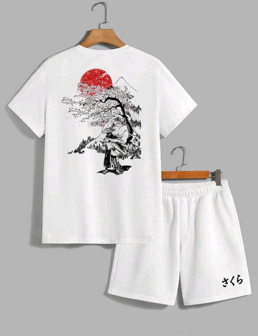 Manfinity Homme Ensemble de t-shirt court à manches courtes blanc décontracté pour homme, imprimé avec un arbre de fleurs de cerisier de style japonais et la silhouette d'un samouraï