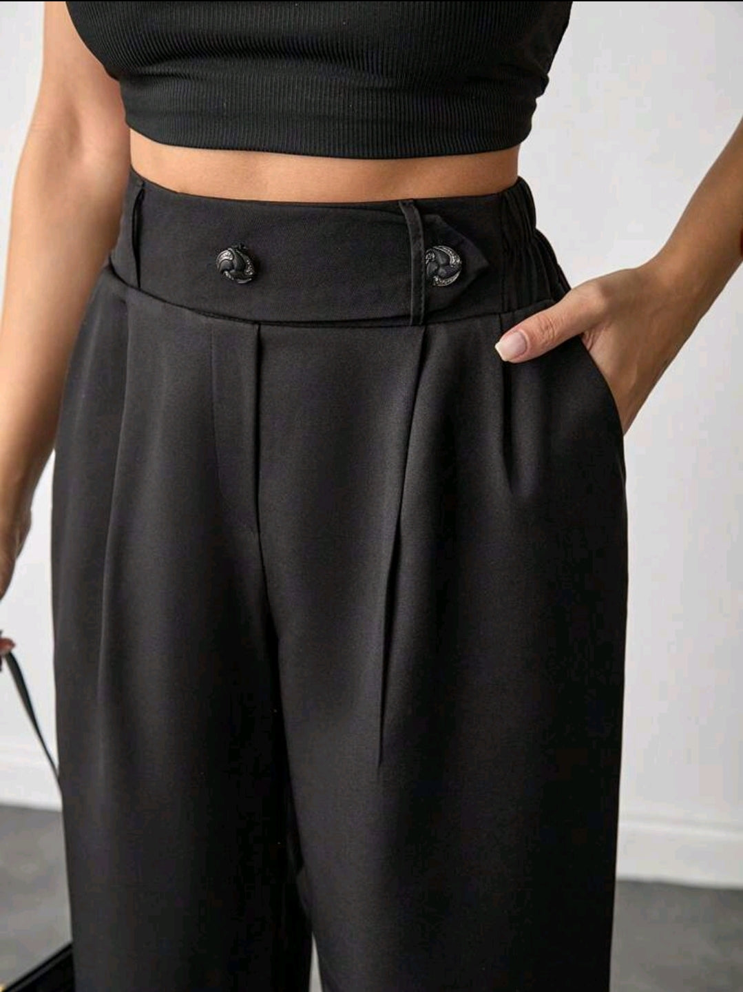 Pantalon ample taille haute couleur unie