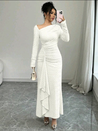 Elenzga Robe maxi élégante en tricot texturé de couleur unie à manches longues
