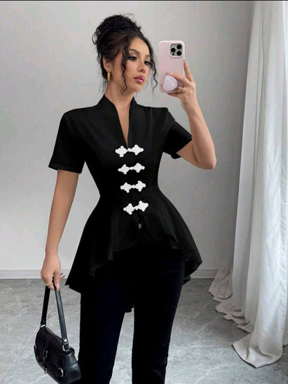 Elenzga Chemise décontractée 2024 pour femmes à boutons devant, décoration et ourlet asymétrique