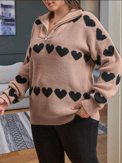 Femme grande taille Tricot Henley ample à manches longues à épaules tombantes avec motif cœur