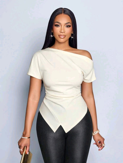 SOLERSUN Top T-Shirt à encolure asymétrique élégant et drapé pour femmes