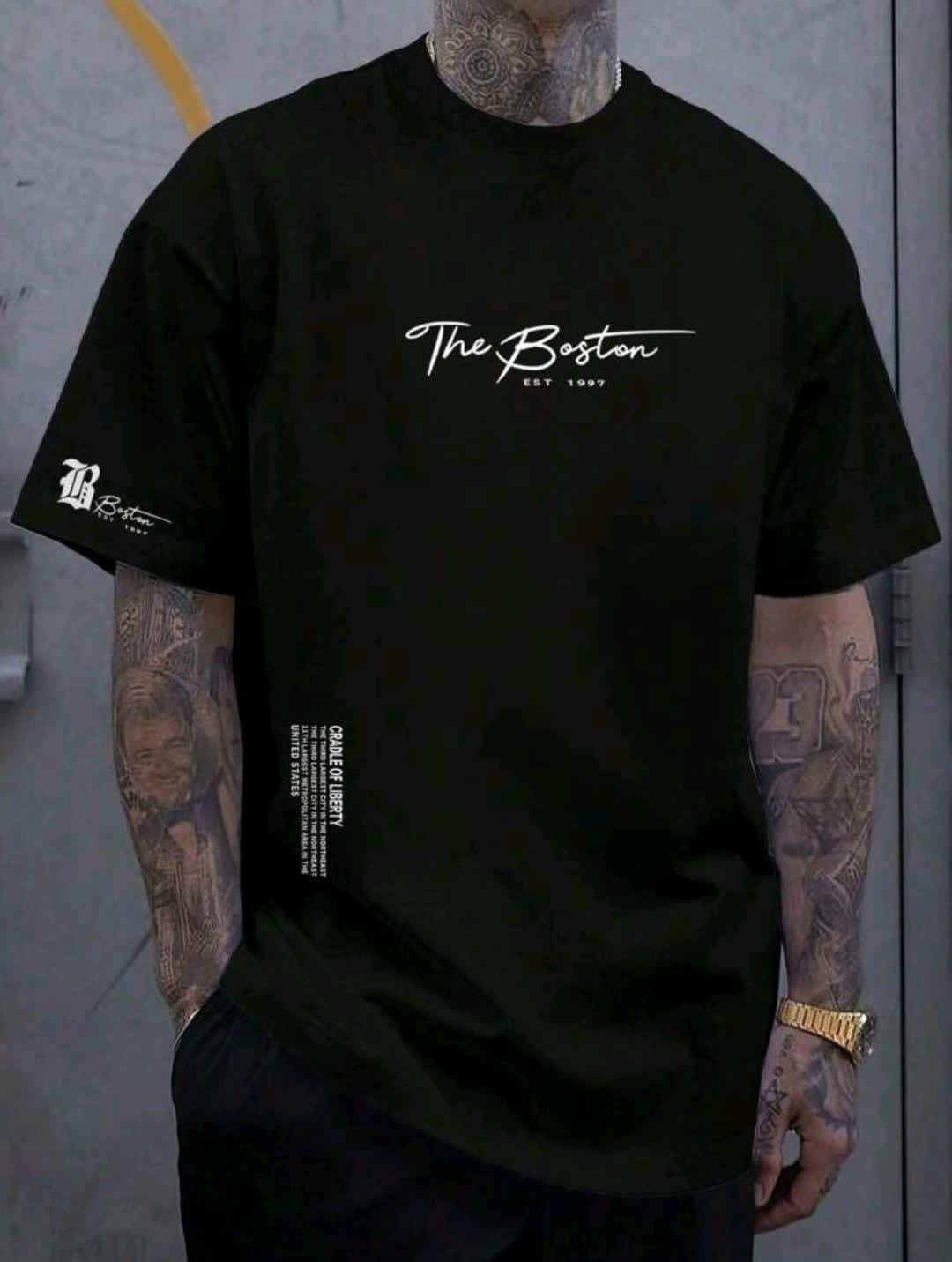 Manfinity Homme T-shirt décontracté à col rond et à manches courtes pour hommes avec lettre estampée pour l'été