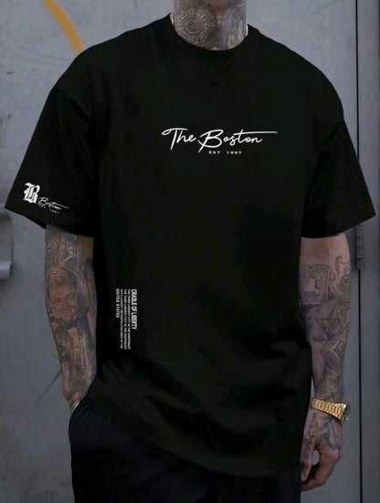 Manfinity Homme T-shirt décontracté à col rond et à manches courtes pour hommes avec lettre estampée pour l'été