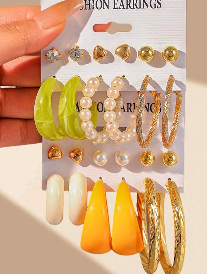 6 à 12 paires de nouveaux ensembles de boucles d'oreilles perles cœur simple et créoles en C, combinaison de créoles en résine