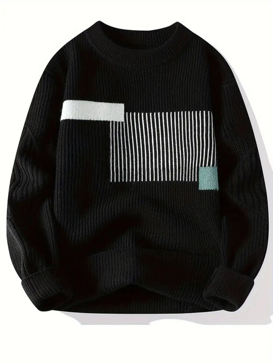 Pull Tricoté à Rayures et Blocs de Couleur pour Homme, Pull Décontracté à Manches Longues