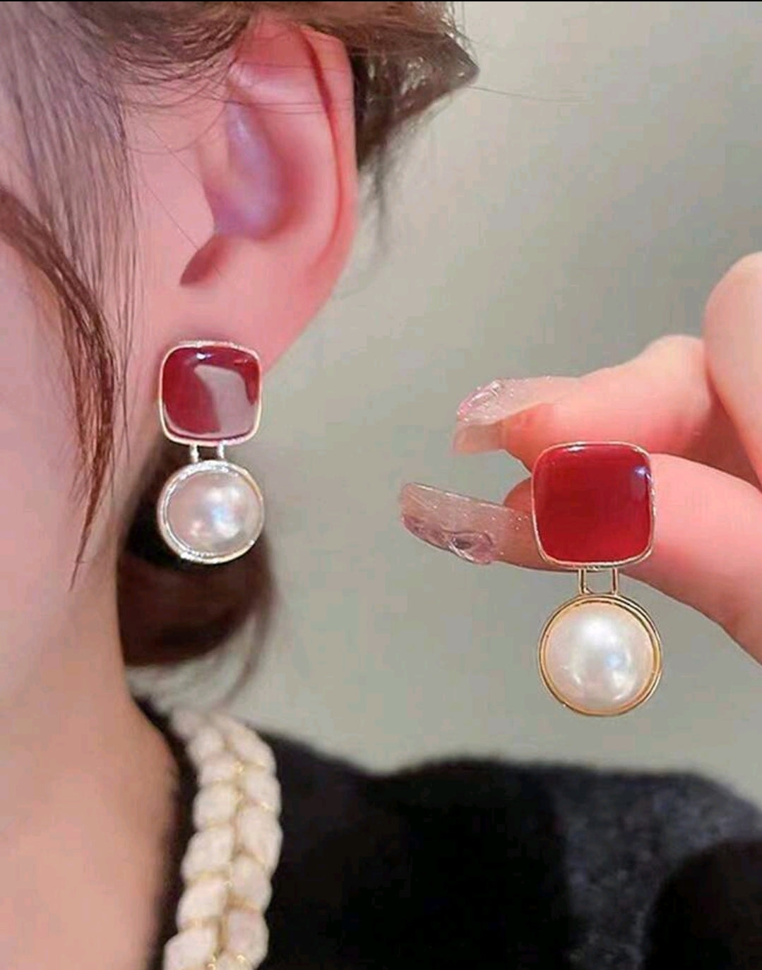 5 pièces/Set Boucles d'oreilles à clous carrées avec fleurs bordeaux émaillées et fausses perles