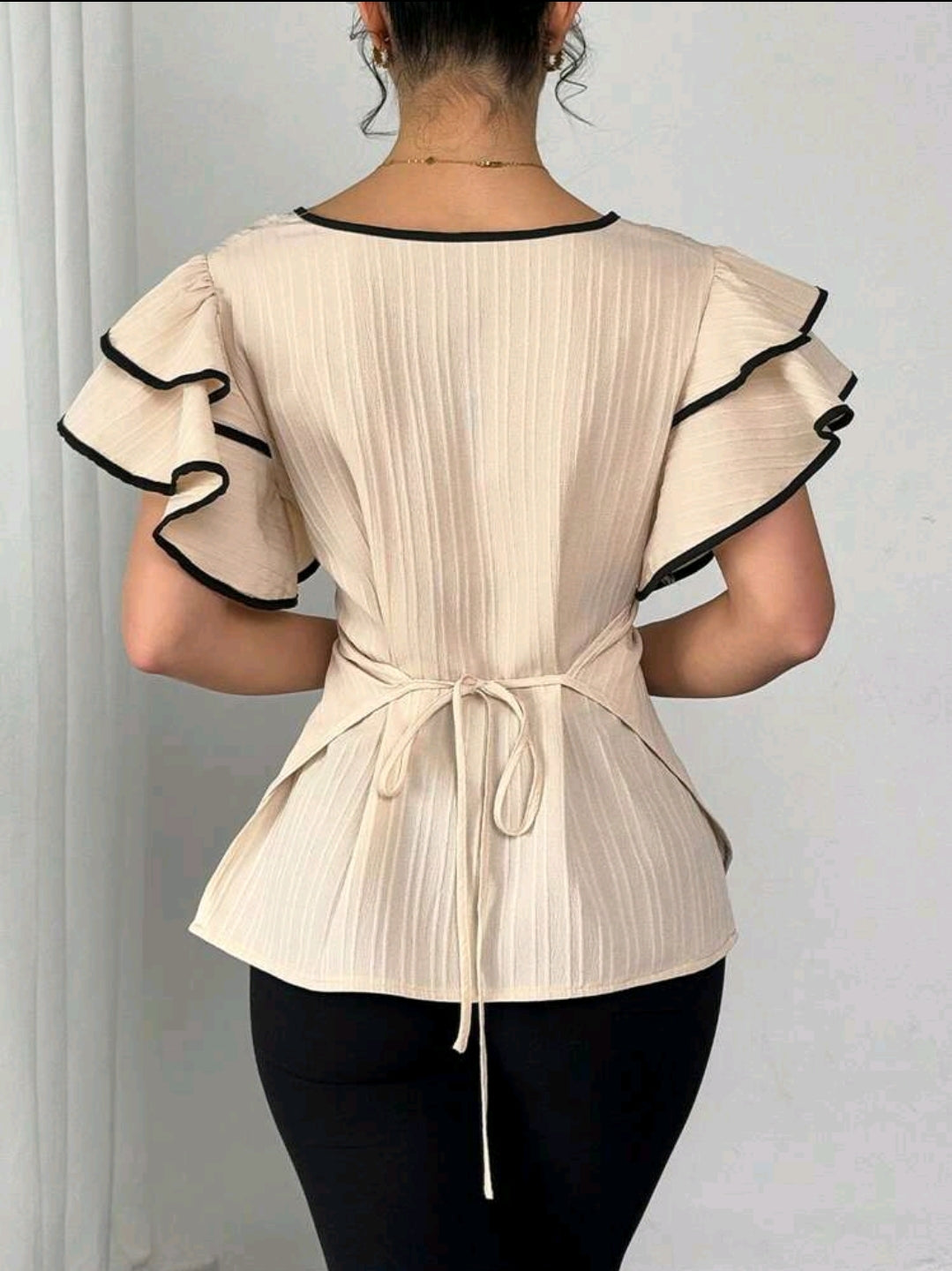 Rafferiza Blouse femme à manches à volants double couche avec lien noué devant