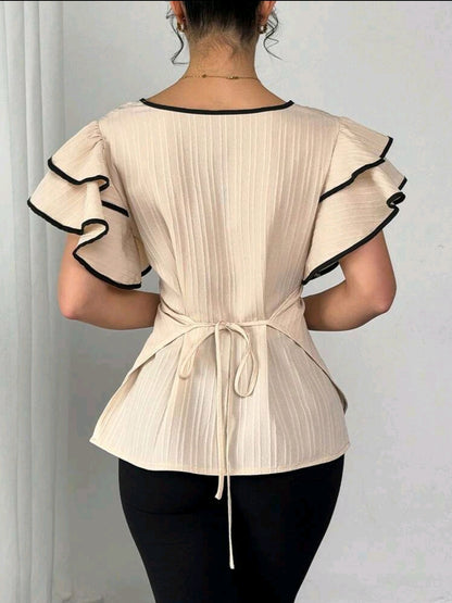 Rafferiza Blouse femme à manches à volants double couche avec lien noué devant