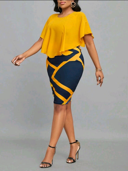 Robe de bureau élégante avec ourlet volant de patchwork à imprimé géométrique, pour femme, printemps & été jaune
